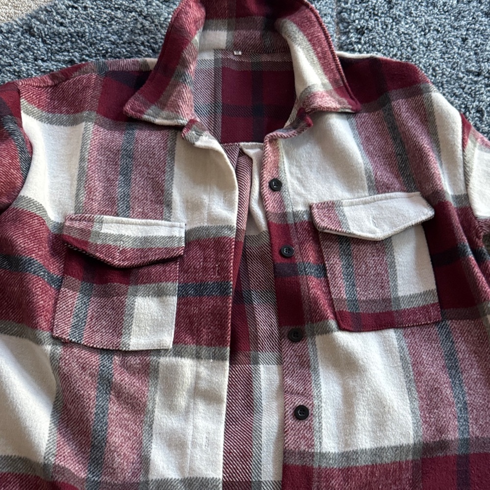Plaid Button-Up Oversized Shacket in Red and White